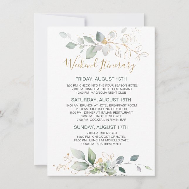 Green, gold foliage Bachelorette Weekend Itinerary (Front)