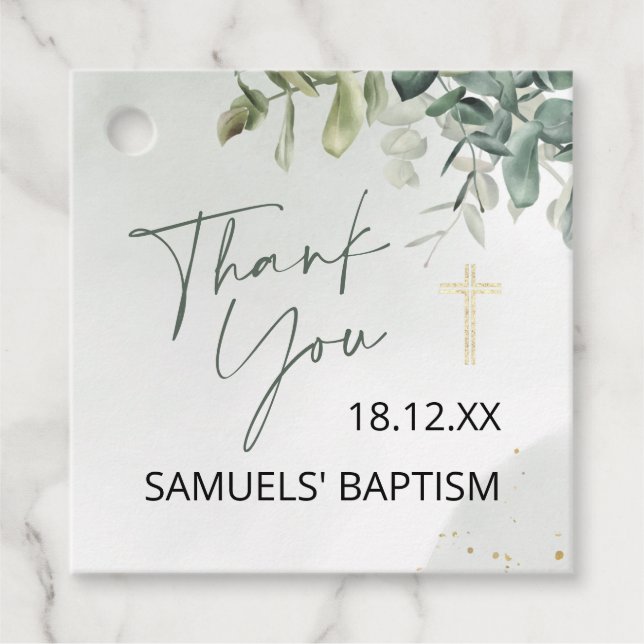 Green & Gold Foliage Baptism Favour Tag (Front)