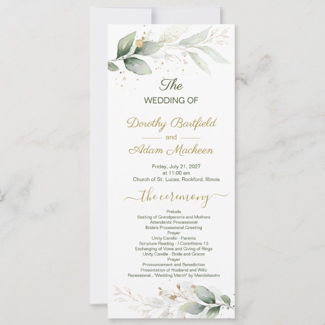 Green & gold foliage, confetti Wedding Program Invitation (Front)
