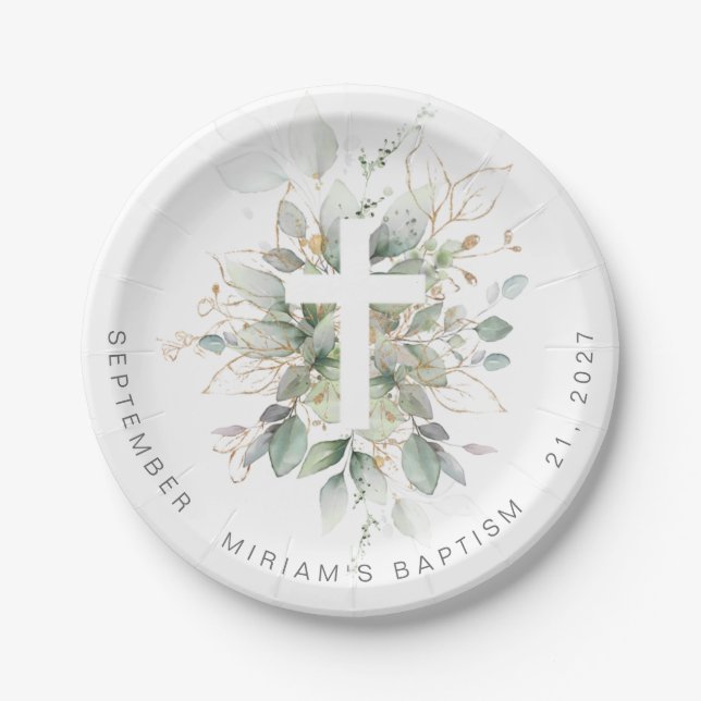 Green Gold Foliage Cross Baptism Paper Plate (Front)