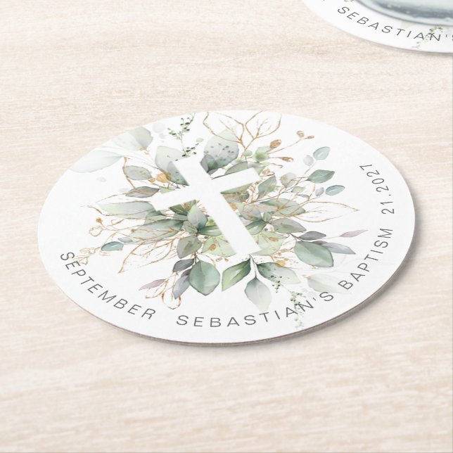 Green Gold Foliage Cross Baptism Round Paper Coaster (Angled)