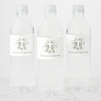 Green Gold Foliage Cross Baptism Wine Label