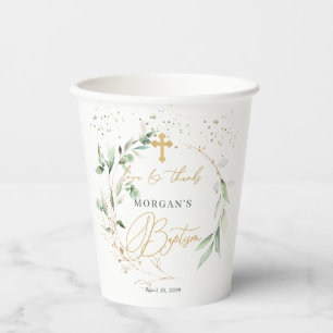 Green Gold Foliage, Cross, Confetti Baptism Paper Cups