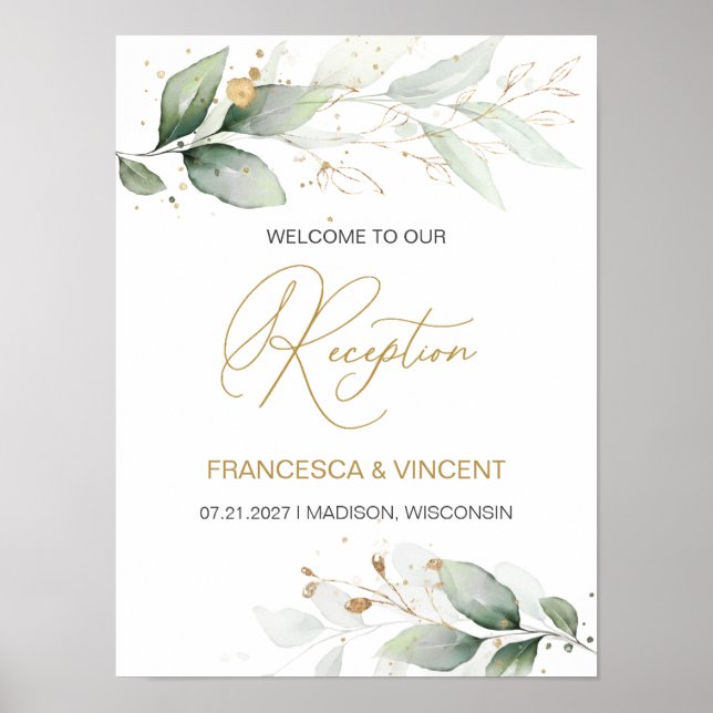 Green &  gold foliage Reception Welcome sign (Front)