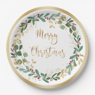 Green Gold Foliage Red Berry Christmas Paper Plate