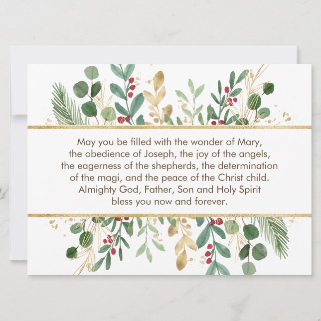 Green & Gold Foliage Red Berry Christmas Prayer  Holiday Card (Front)