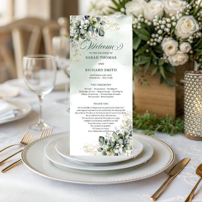 Green Gold Foliage Watercolor Wedding Program Programme (Green Gold Foliage Watercolor Wedding Program)
