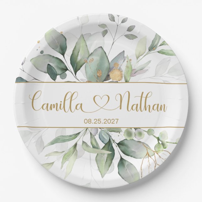 Green & Gold Foliage Wedding  Paper Plate (Front)
