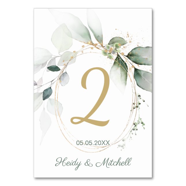 Green & gold foliage, Wedding Table Number (Front)