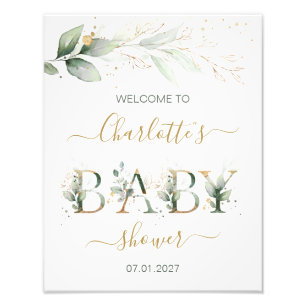 Green & gold foliage Welcome Baby shower Photo Pri Print