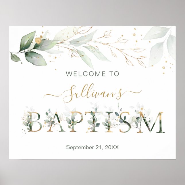 Green & gold foliage Welcome Baptism sign (Front)