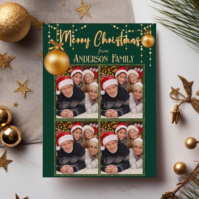 Green&Gold Four Photo Collage Elegant Christmas Holiday Card (Creator Uploaded)