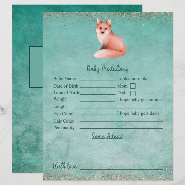 Green Gold Fox Baby Shower Predictions And Advice (Front/Back)
