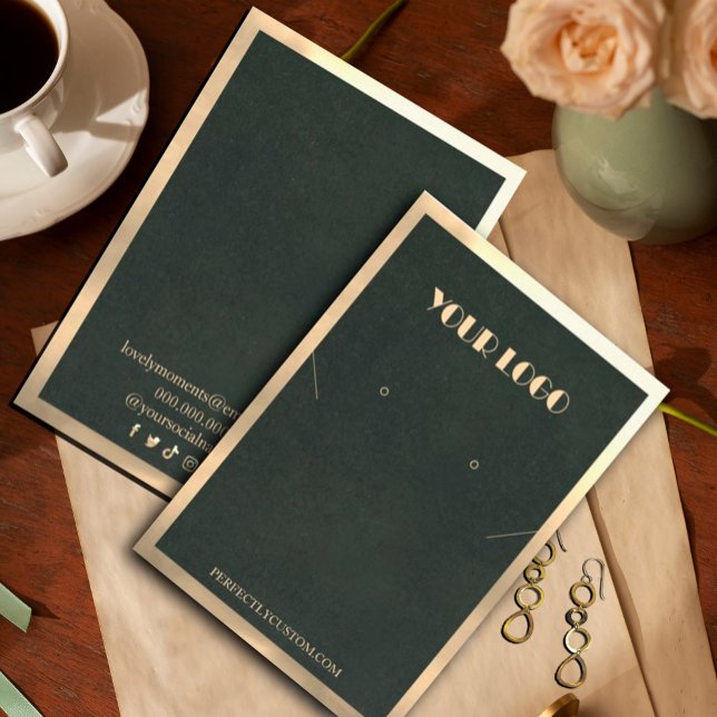 Green Gold Frame Modern necklace earrings  Business Card (Green Gold Frame Modern necklace earrings Business Card#diyjewerlydisplay #zazzlemade#modernjewelry)