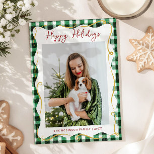 Green Gold Gingham Pattern Christmas 1 Photo Holiday Card