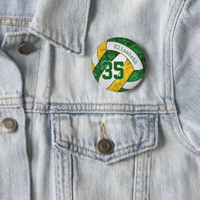 green gold girls volleyball team colours 6 cm round badge (In Situ)