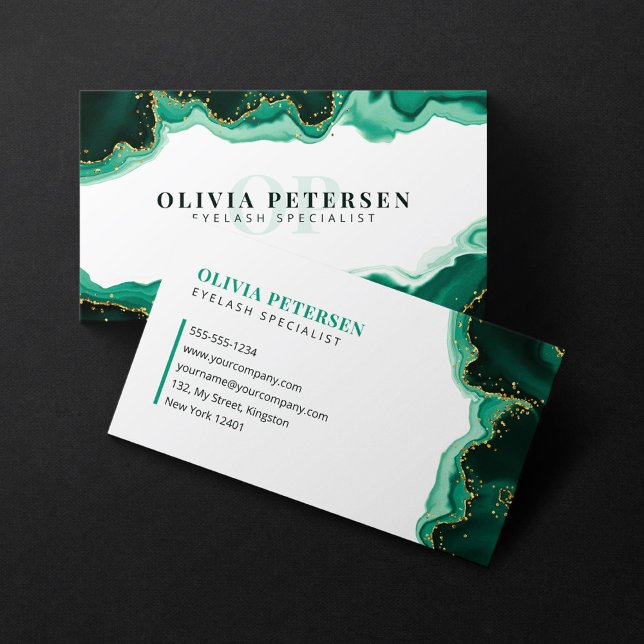 Green Gold Glitter Agate Eye Lashes Brows Initial Business Card (Creator Uploaded)