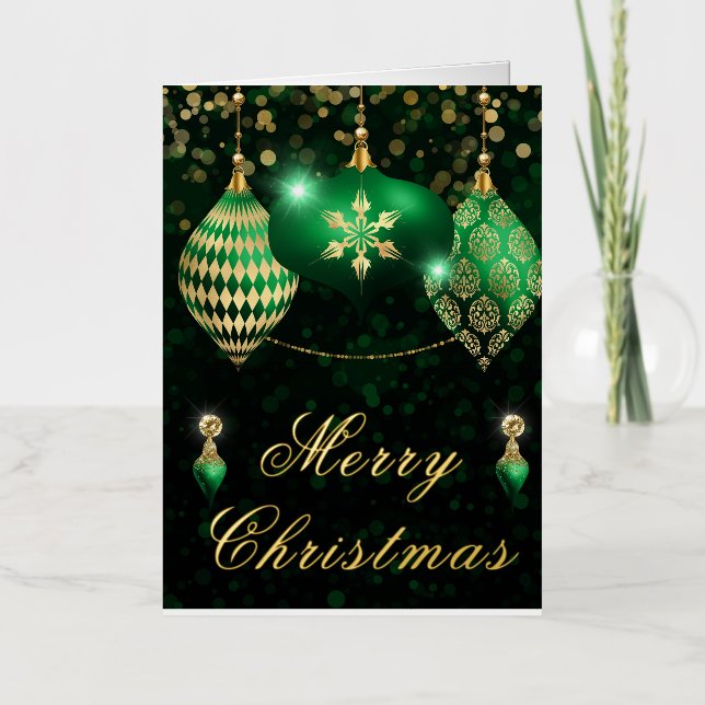 Green & Gold Glitter Baubles Christmas Foil Holiday Card (Front)