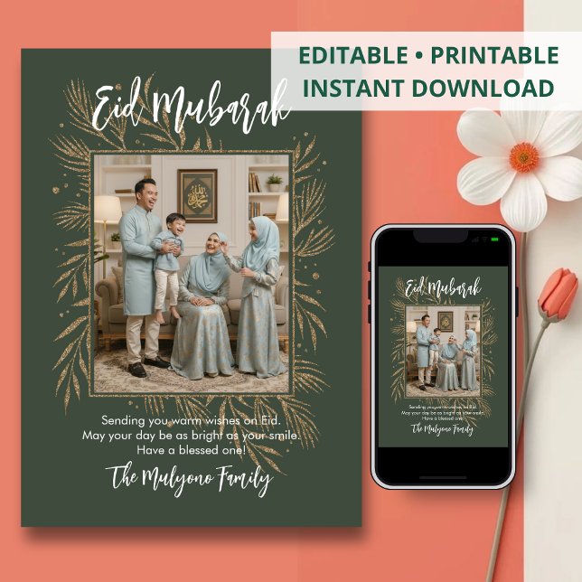 Green Gold Glitter Botanical Photo Eid Mubarak Holiday Card (Creator Uploaded)