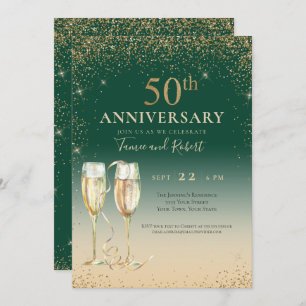 Green Gold Glitter Champagne 50th Anniversary Invitation