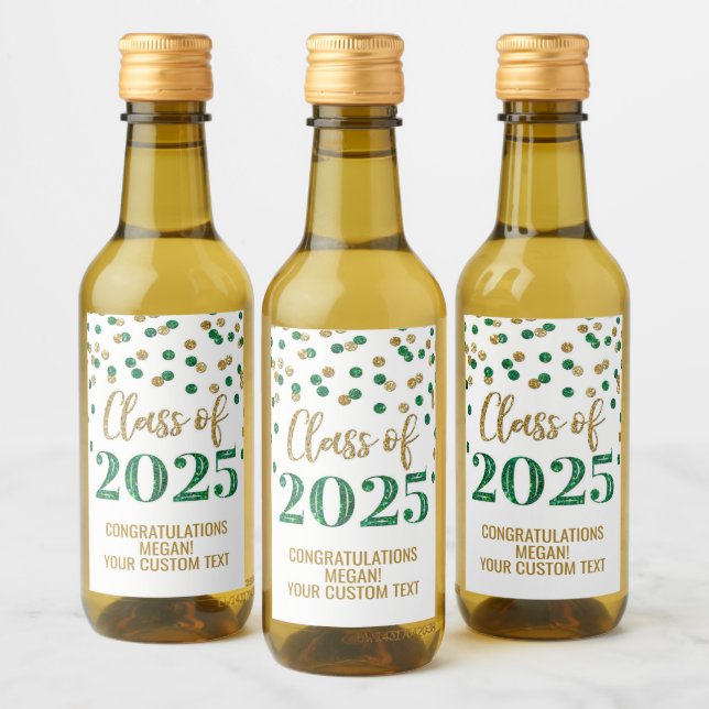 Green Gold Glitter Class of 2025 Graduation Wine Label (Bottles)