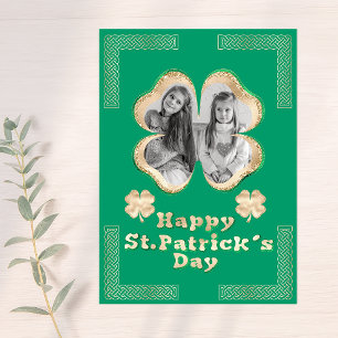 Green & Gold Glitter Clover Photo Celtic Knots Holiday Card