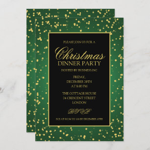 Green Gold Glitter Dots Christmas Dinner Party Invitation