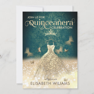 Green Gold glitter dress butterfly  Quinceañera In Invitation