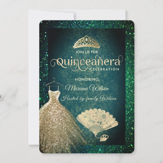 Green Gold glitter dress tiara fan Quinceañera  In Invitation (Front)