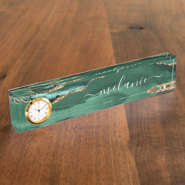 Green Gold Glitter Emerald Custom Desk Name Plate (Side)