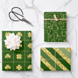 GREEN & GOLD GLITTER LOOK IRISH SHAMROCKS  WRAPPING PAPER SHEET