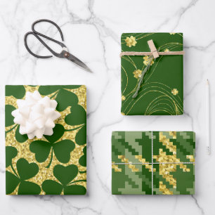 GREEN & GOLD GLITTER LOOK IRISH SHAMROCKS  WRAPPING PAPER SHEET