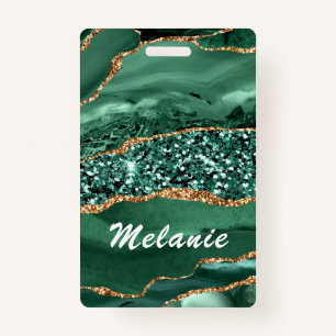 Green Gold Glitter Marble Custom Name Badge ID Badge