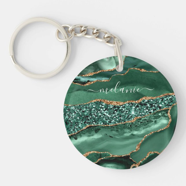 Green Gold Glitter Marble Custom Name Keychain (Front)