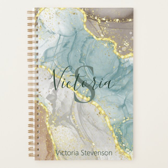 Green Gold Glitter Marble Geode Monogram Planner (Front)