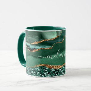 Green Gold Glitter Marble Mug with Custom Name