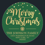 Green Gold Glitter Merry Christmas Address Classic Round Sticker<br><div class="desc">Lovely personalised calligraphy script Merry Christmas Holiday return address stickers to add to your envelopes,  greeting cards and/or gifts.  GREEN background (can be changed to any colour) colour with faux gold glitter confetti and snowflake.  Perfect for any holiday occasion. Editable template labels.</div>