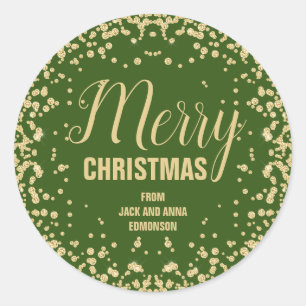 Green Gold Glitter Merry Christmas Classic Round Sticker