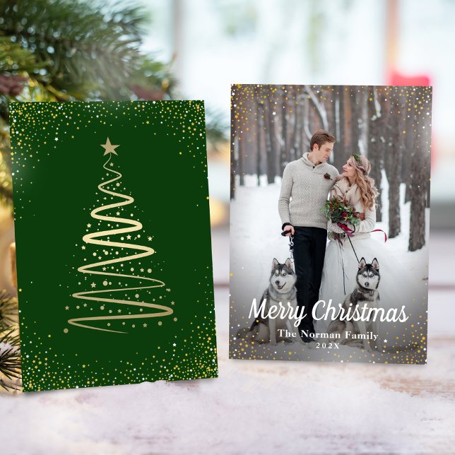 Green Gold Glitter Merry Christmas Photo Holiday Card (Creator Uploaded)