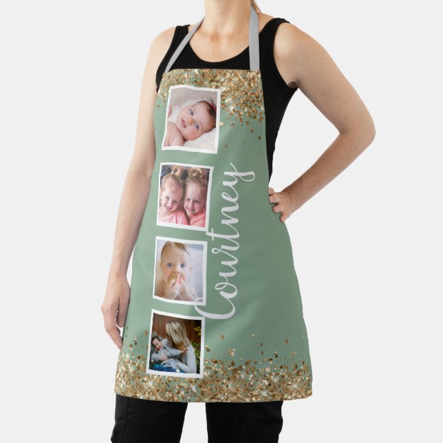 Green gold glitter photo collage custom name apron (Insitu)