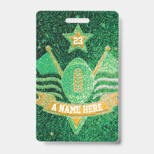 Green & Gold Glitter School Football Team Sports ID Badge