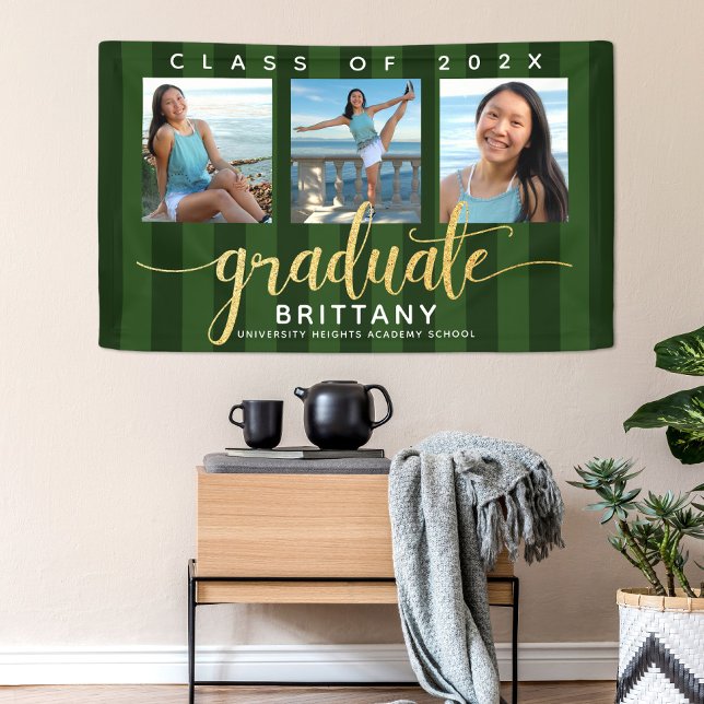 Green gold glitter script graduation 3 photo chic banner (Creator Uploaded)