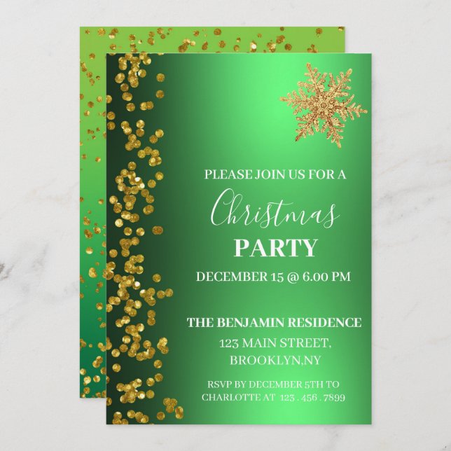  Green Gold Glitter Snowflake Christmas Party  Invitation (Front/Back)