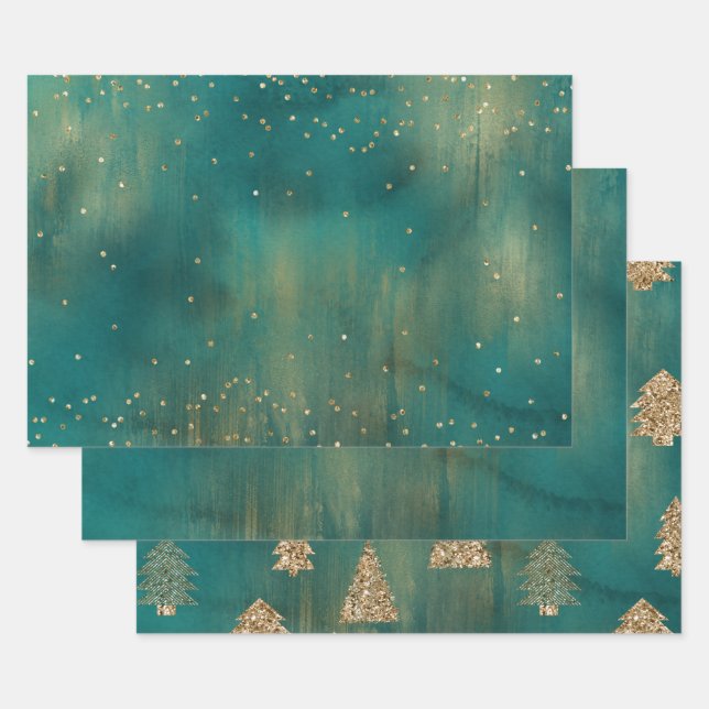 Green Gold Glitter Sparkle Christmas Tree   Wrapping Paper Sheet (Set)