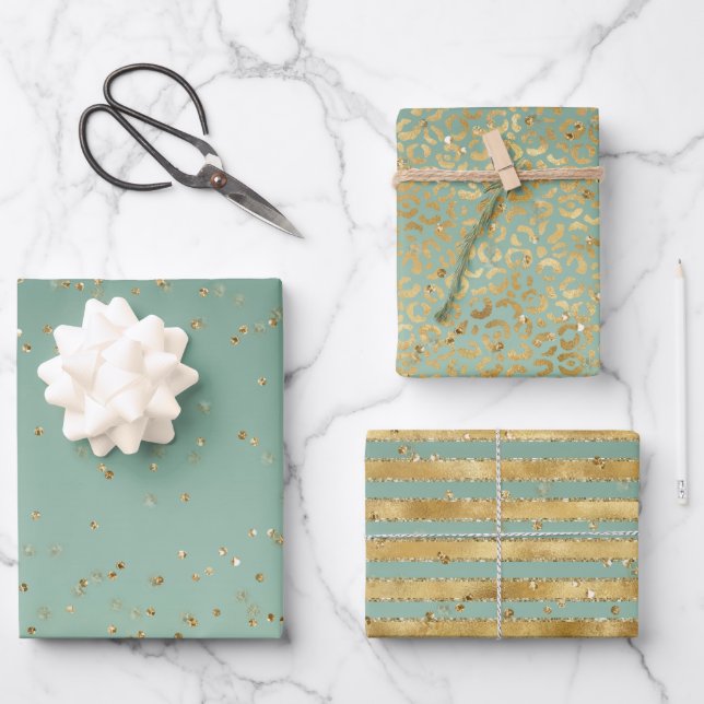 Green Gold Glitz Sparkle Stripes Leopard   Wrapping Paper Sheet (Front)