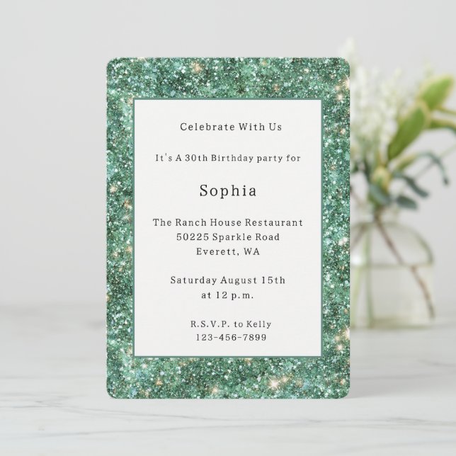 Green Gold Glitzy Glitter Birthday Invitation (Standing Front)