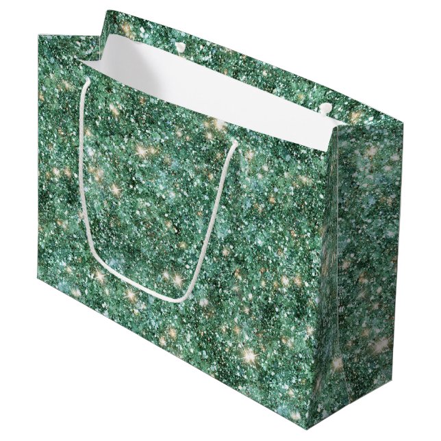 Green Gold Glitzy Glitter Birthday Large Gift Bag (Front Angled)