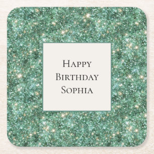 Green Gold Glitzy Glitter Birthday Square Paper Coaster