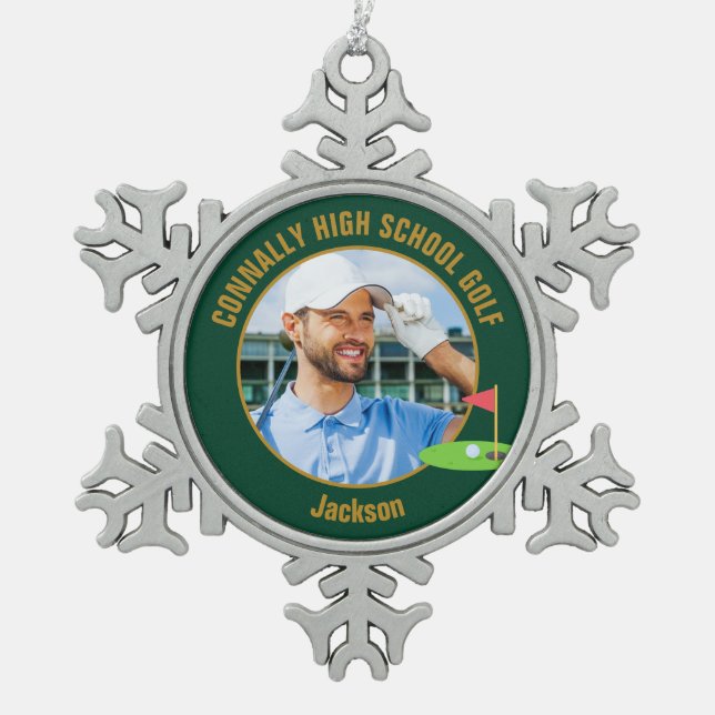 Green Gold Golfer Photo High School Golf Team Snowflake Pewter Christmas Ornament (Front)