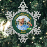Green Gold Golfer Photo High School Golf Team Snowflake Pewter Christmas Ornament<br><div class="desc">This cool customized high school golf team photo gift features gold typography of your golfer name on a dark green snowflake shaped Christmas ornament with a cute golfing icon. Personalize with your student's photograph and class year as a proud sports parent.</div>
